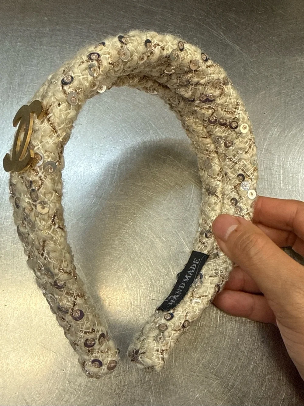 Chic Cream Sequin Tweed Padded Headband